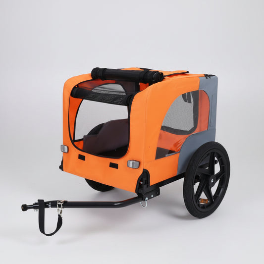 Orange pet stroller with a clear front cover on a white background