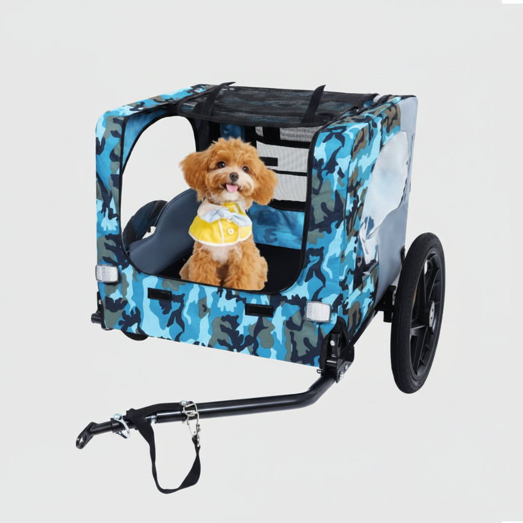 Blue camouflage pet stroller with a small dog inside on a white background