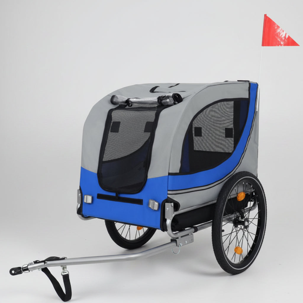 Gray and blue bicycle trailer with a red flag on a white background