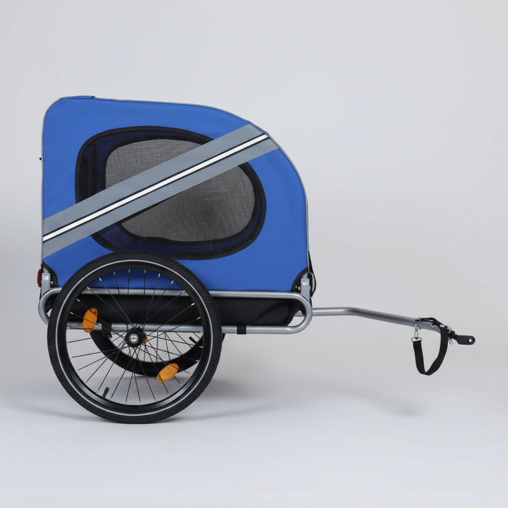 Blue and gray bicycle trailer on a white background