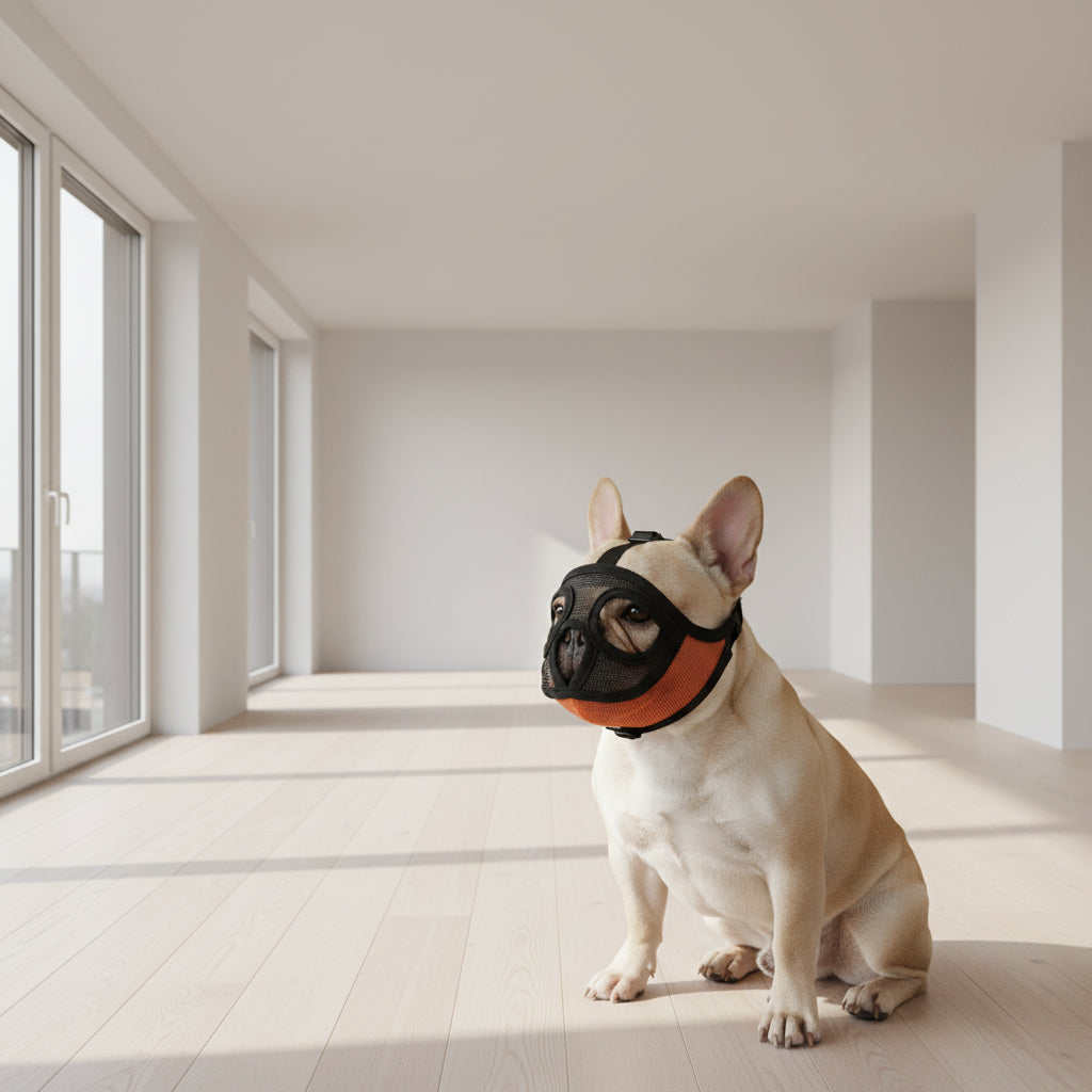 Dog wearing a black and orange muzzle on a grassy background