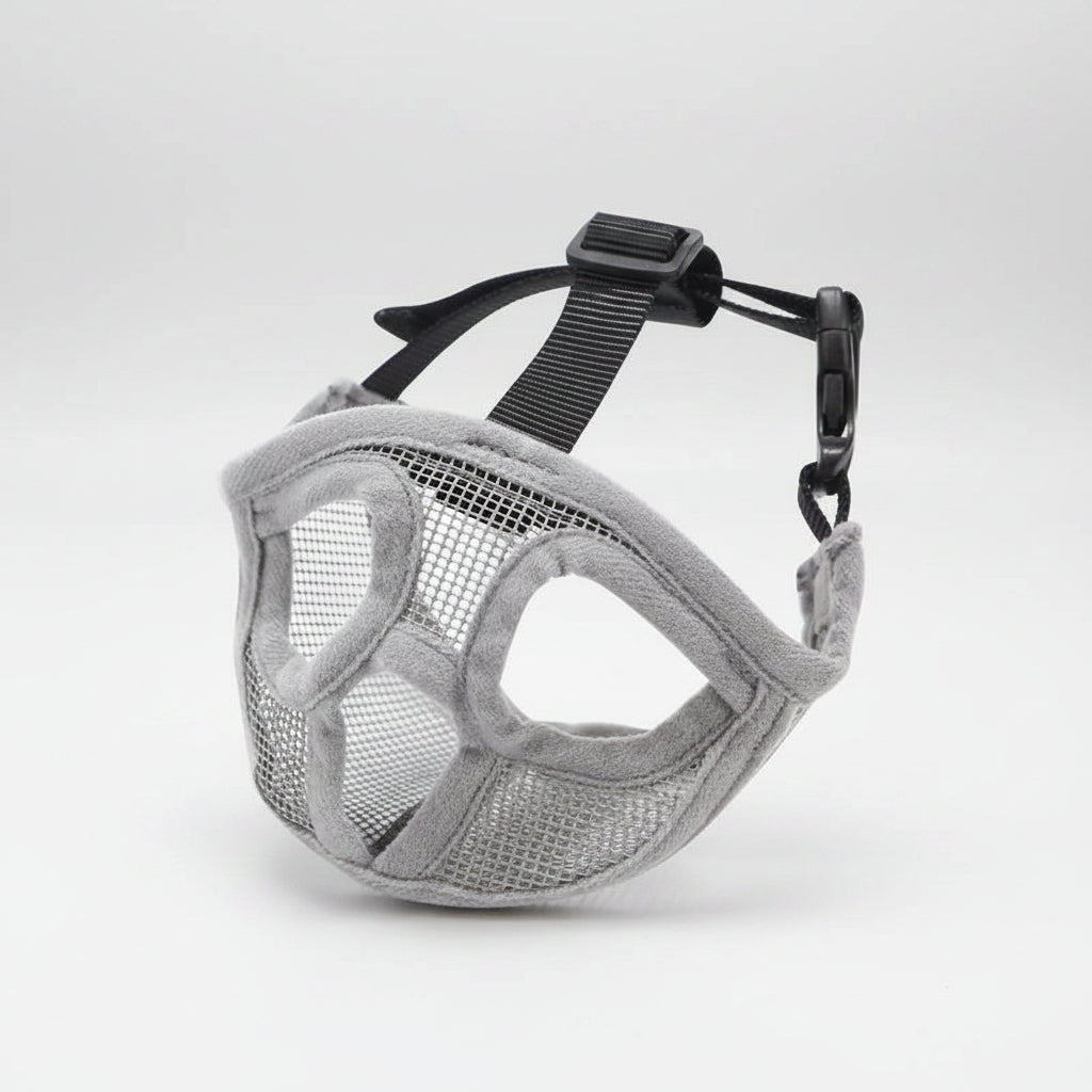 Gray mesh mask with black straps on a white background