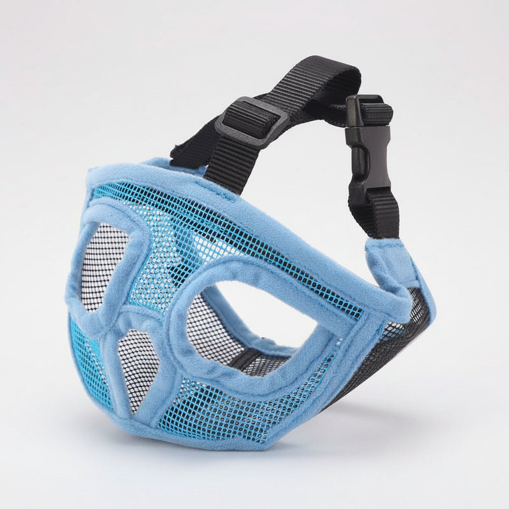 Blue mesh dog muzzle with black straps on a white background