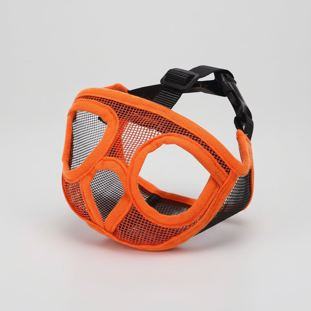 Orange mesh mask with black straps on a white background