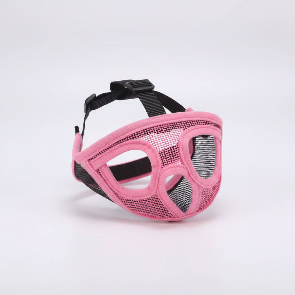 Pink mesh mask with black straps on a white background