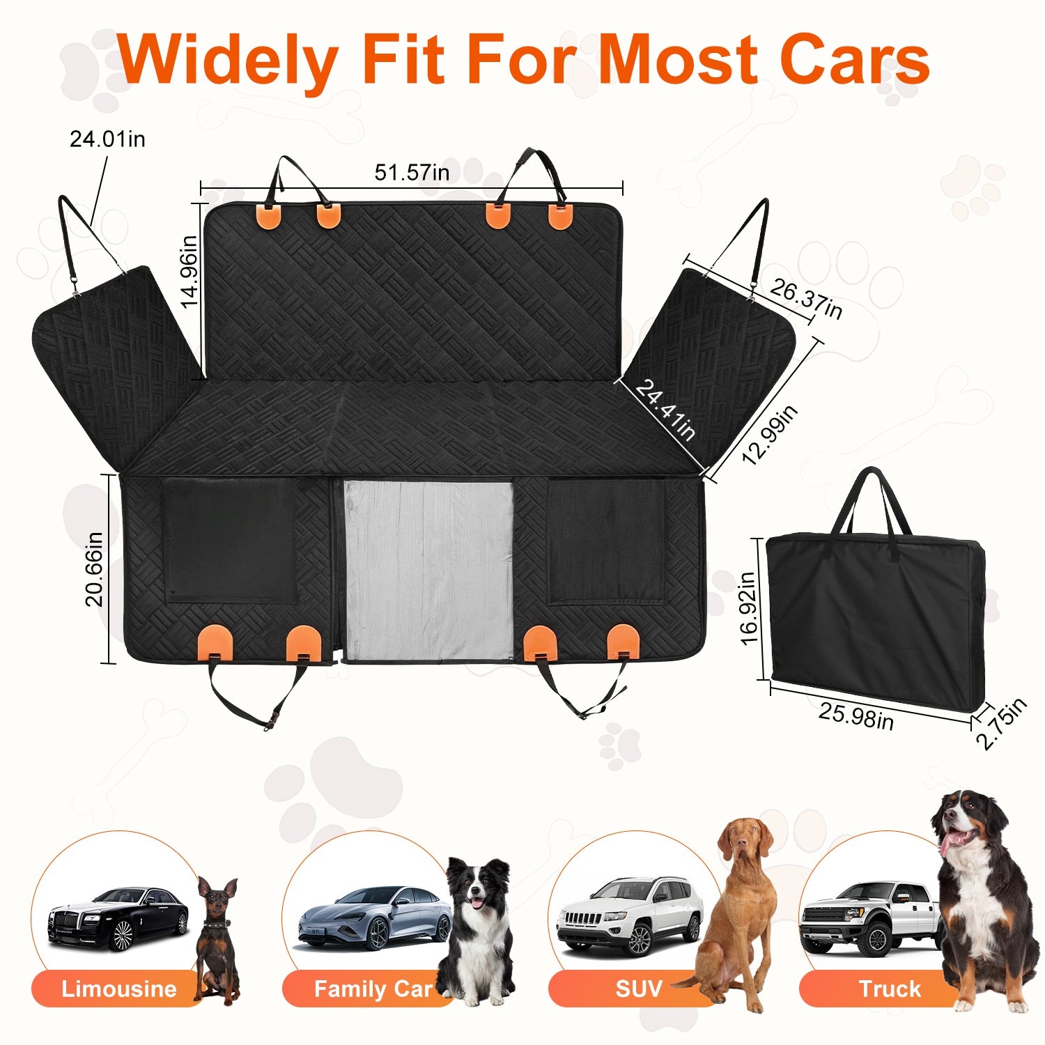 Dog car seat cover with dimensions and compatibility for various vehicle types on a white background.
