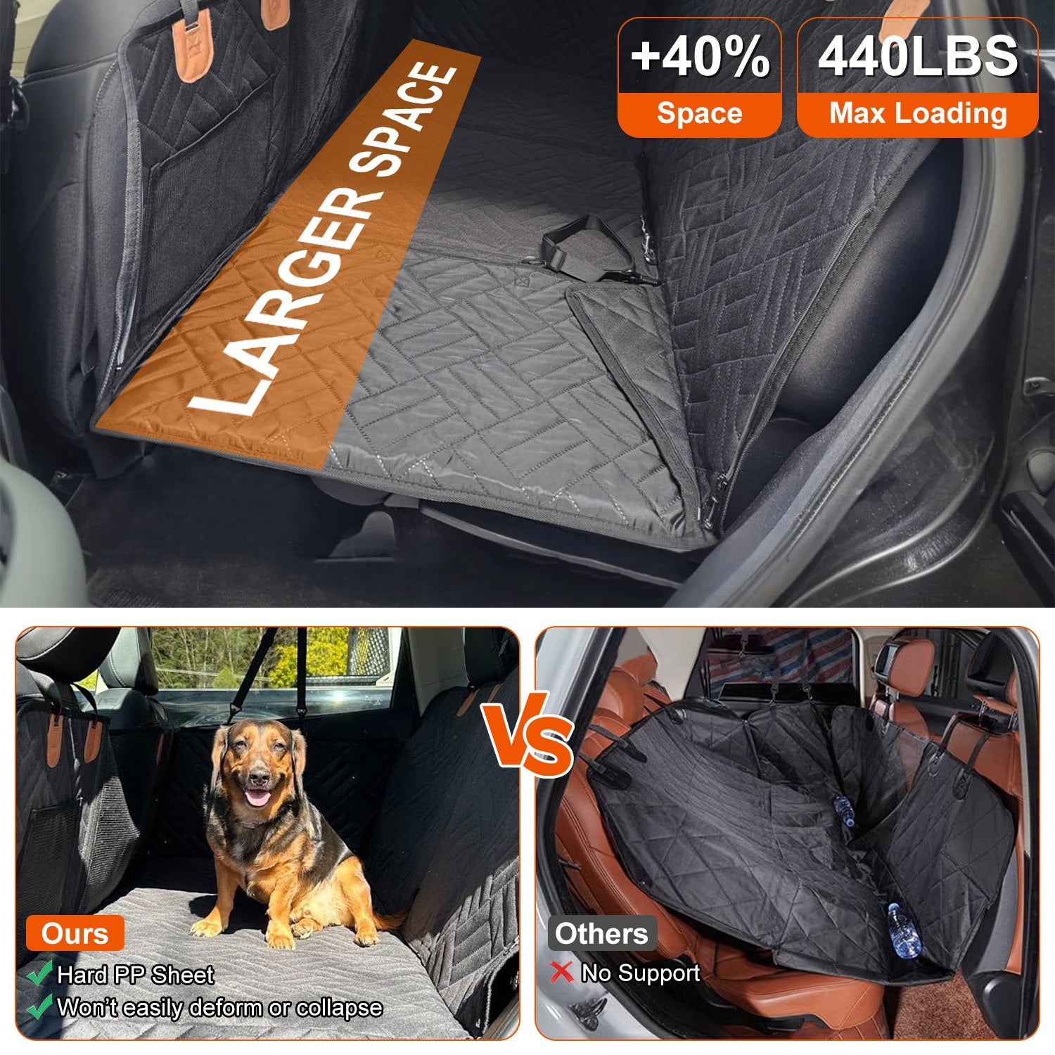 Car seat cover with text highlighting space and loading capacity, compared to other seat covers.
