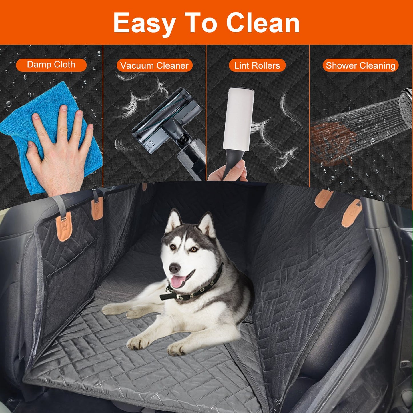 Car seat cover with cleaning methods and a dog on it