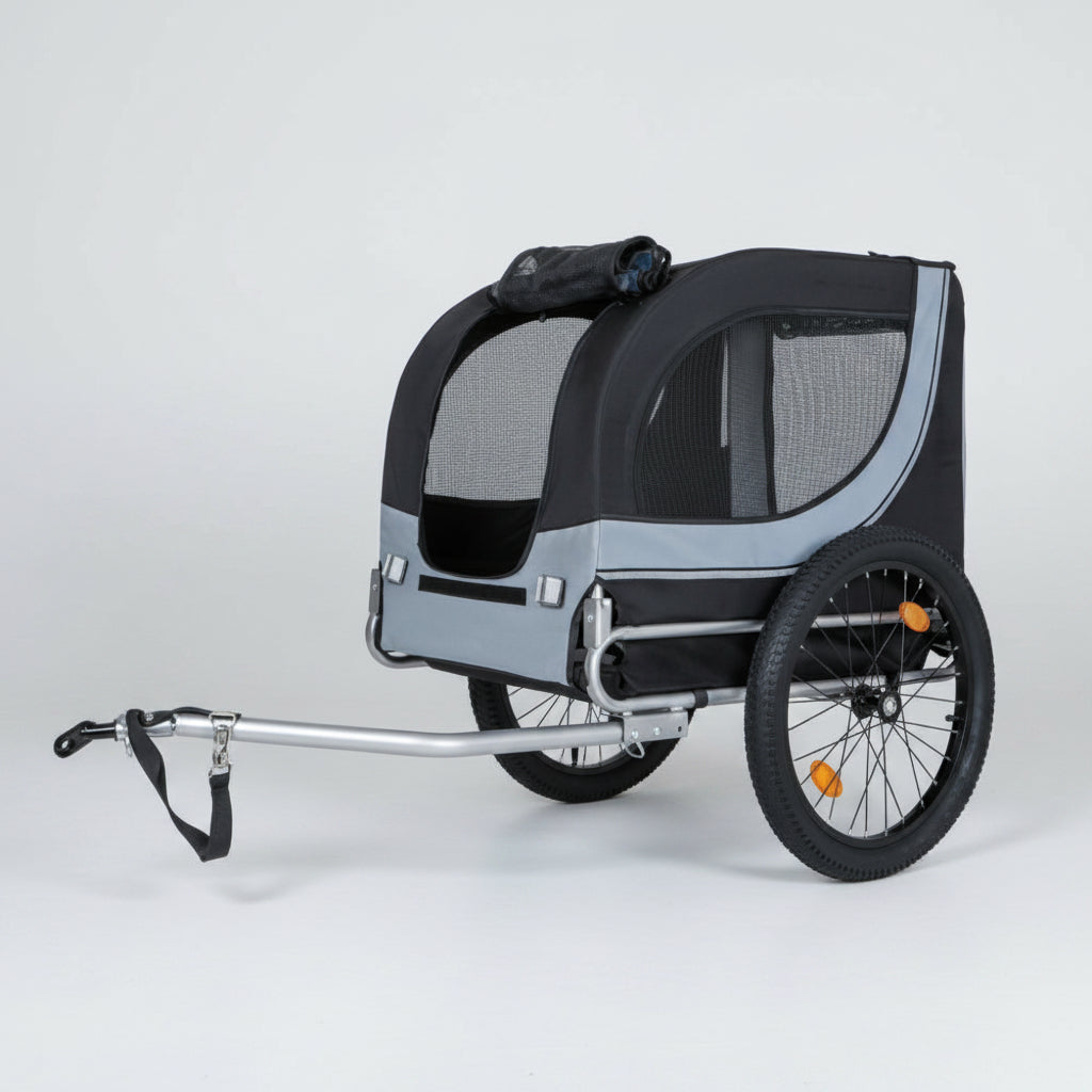 Pet bike trailer with gray and black design on a white background