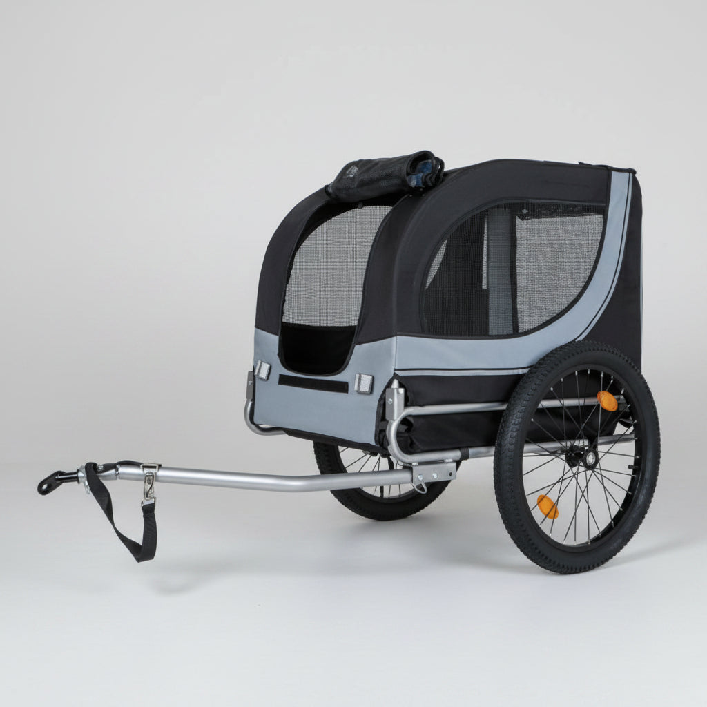 Pet bike trailer with gray and black design on a white background