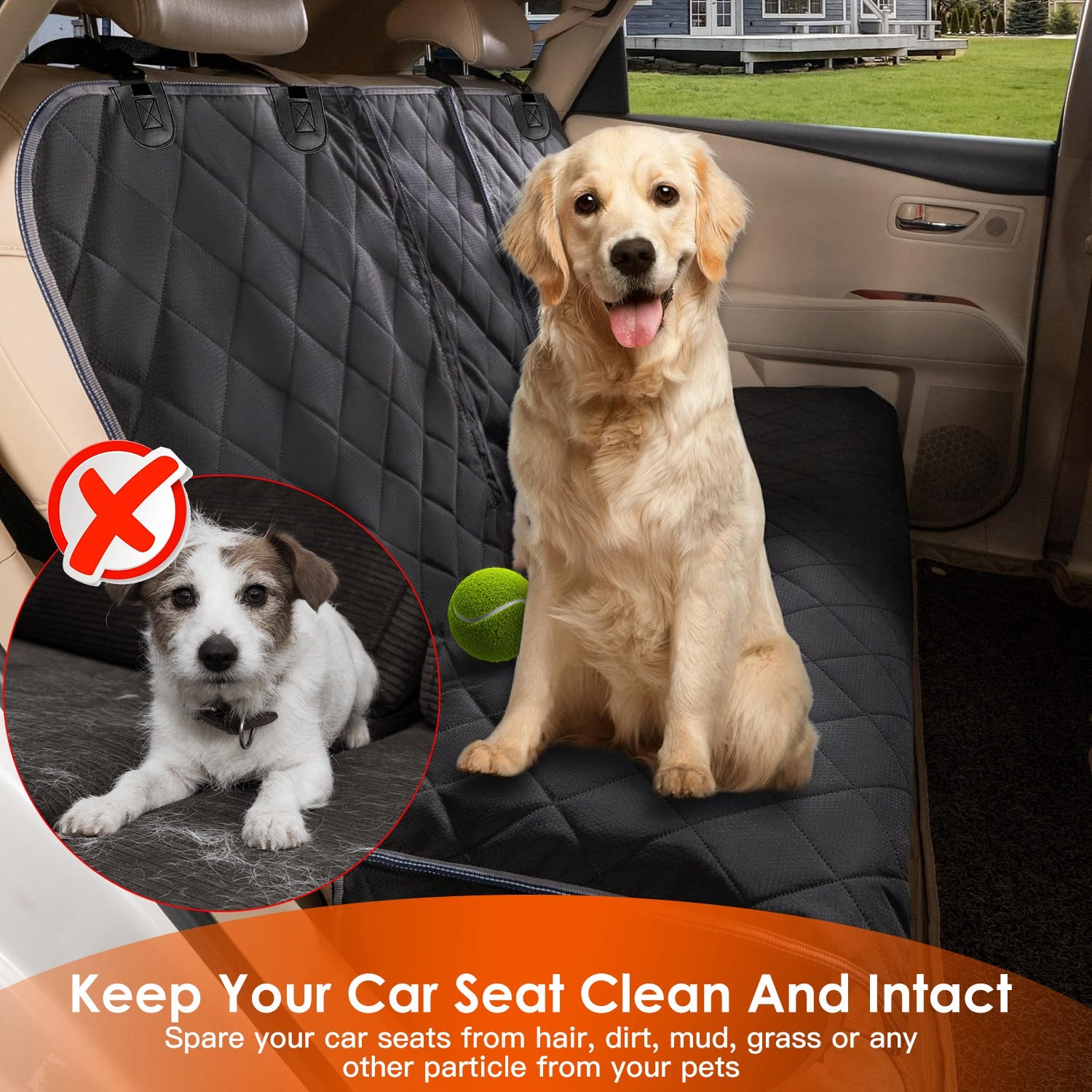 Dog sitting on a car seat cover with a smaller inset showing a dog in a pet carrier, promoting the use of a car seat cover to keep the car clean.