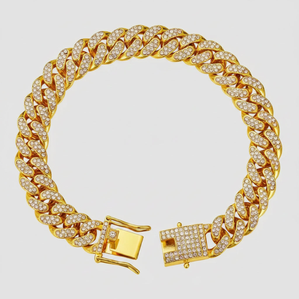 Dog with a large gold chain around its neck on a white background