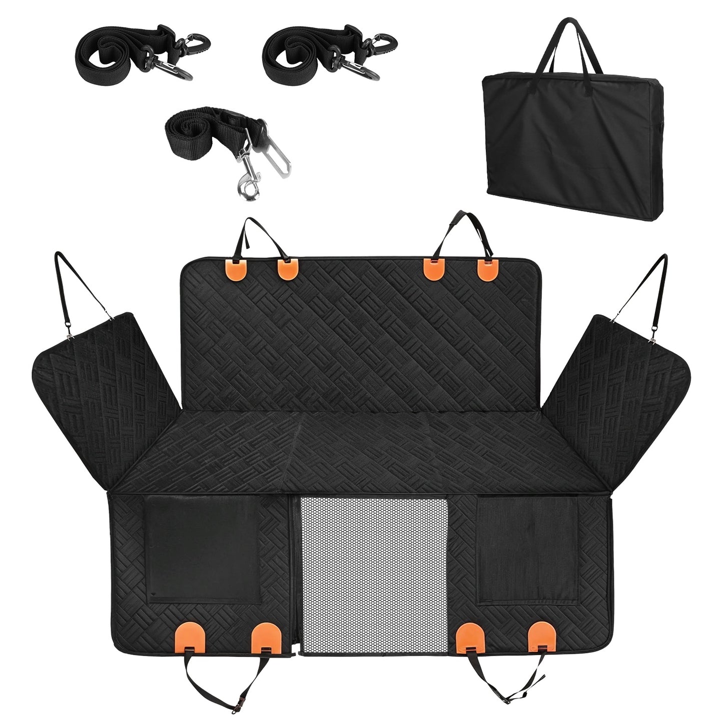 Black car seat cover with orange clips and additional accessories on a white background