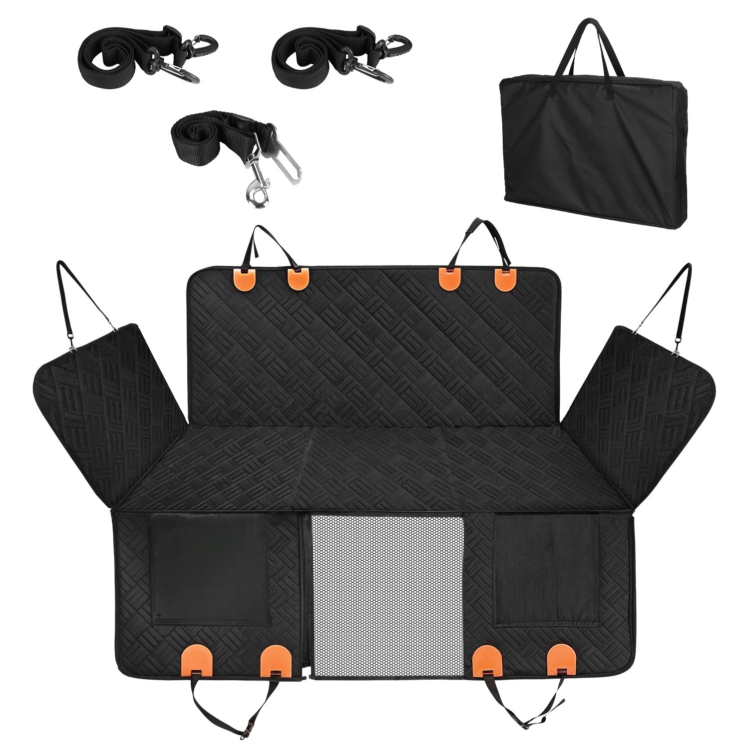 Black car seat cover with orange clips and additional accessories on a white background