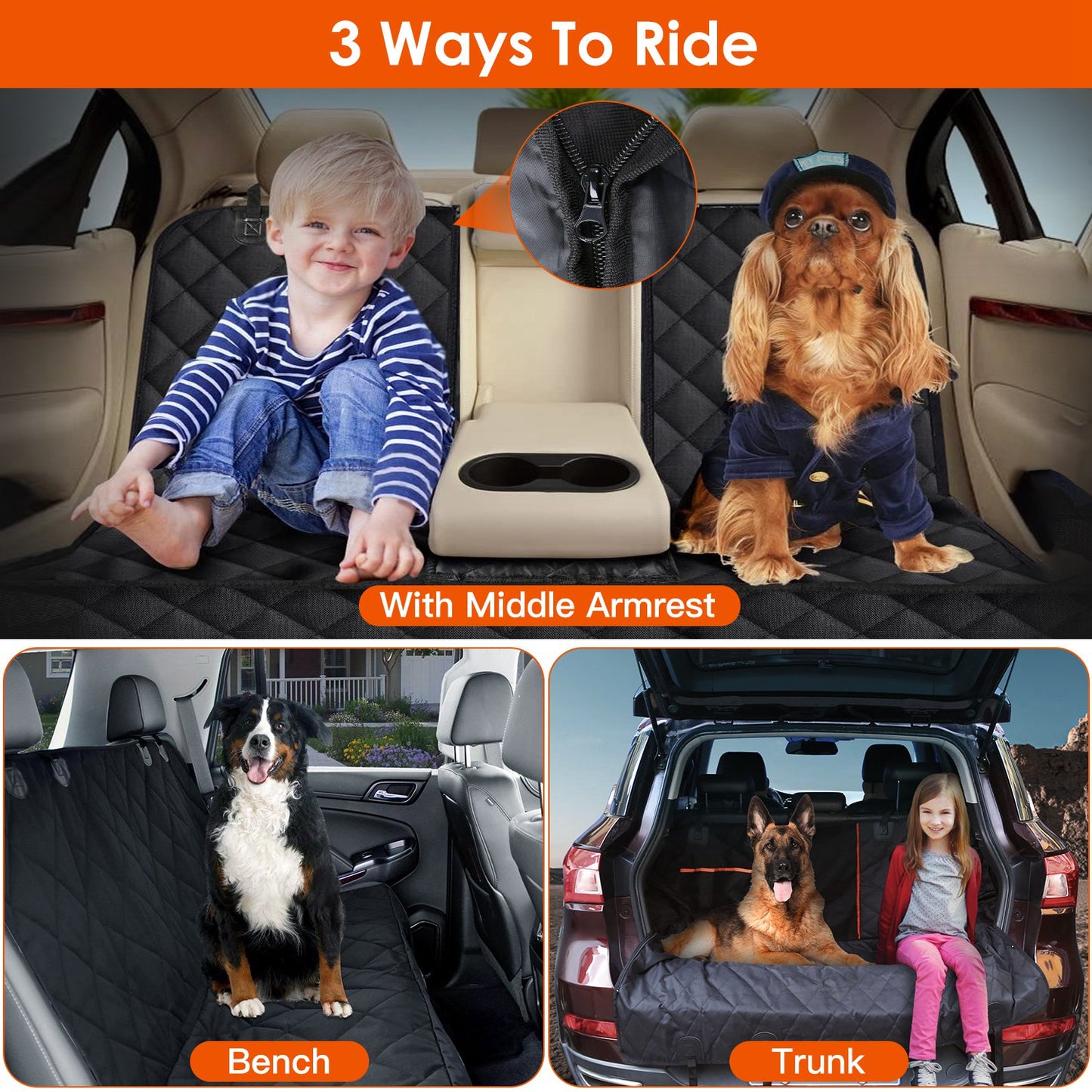 Car seat cover with multiple uses for a child, dog, and pet in different car positions.