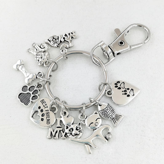 Silver keychain with various charms on a light gray background
