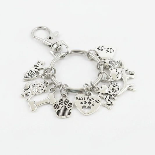 Silver keychain with various charms on a gray background