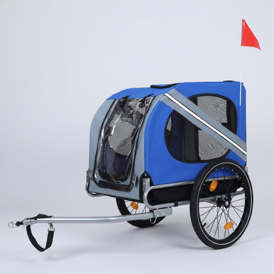 Blue and gray pet bike trailer with a red flag on a white background