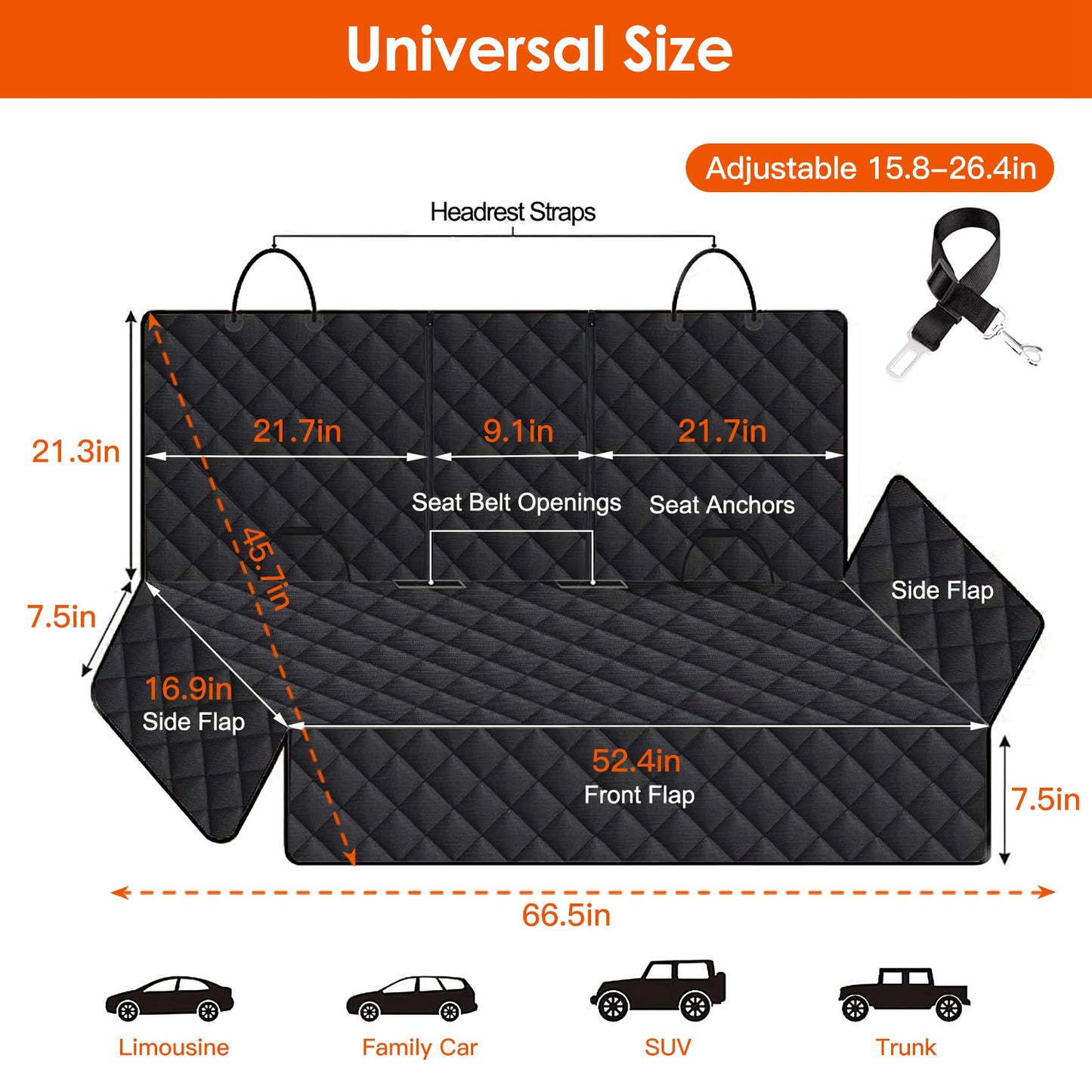 Measurement chart of a black car seat cover with dimensions and features labeled.