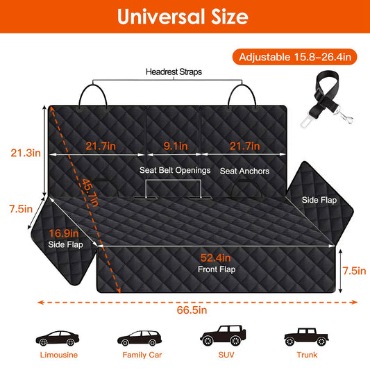 Measurement chart of a black car seat cover with dimensions and features labeled.