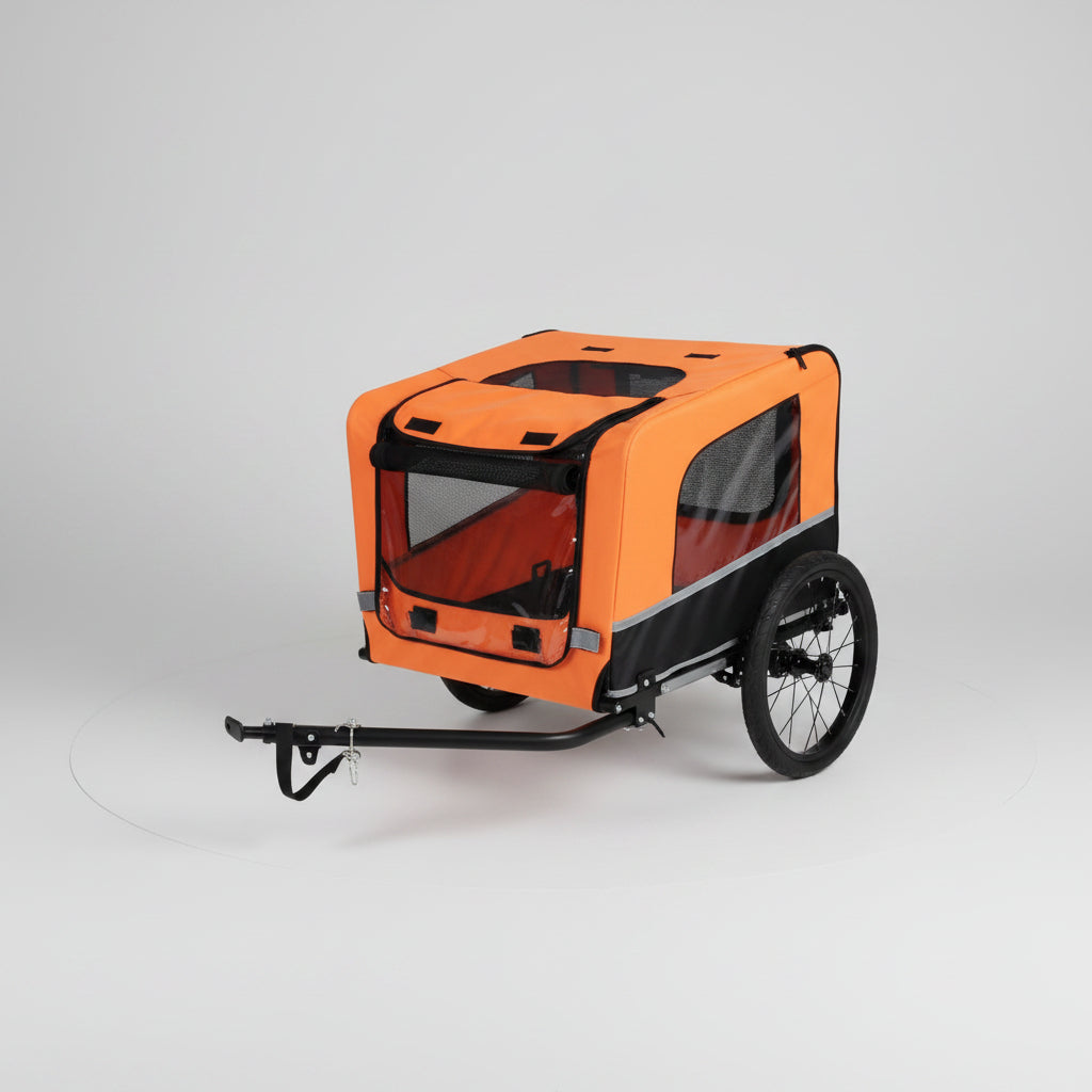 Orange and black pet bike trailer on a white background