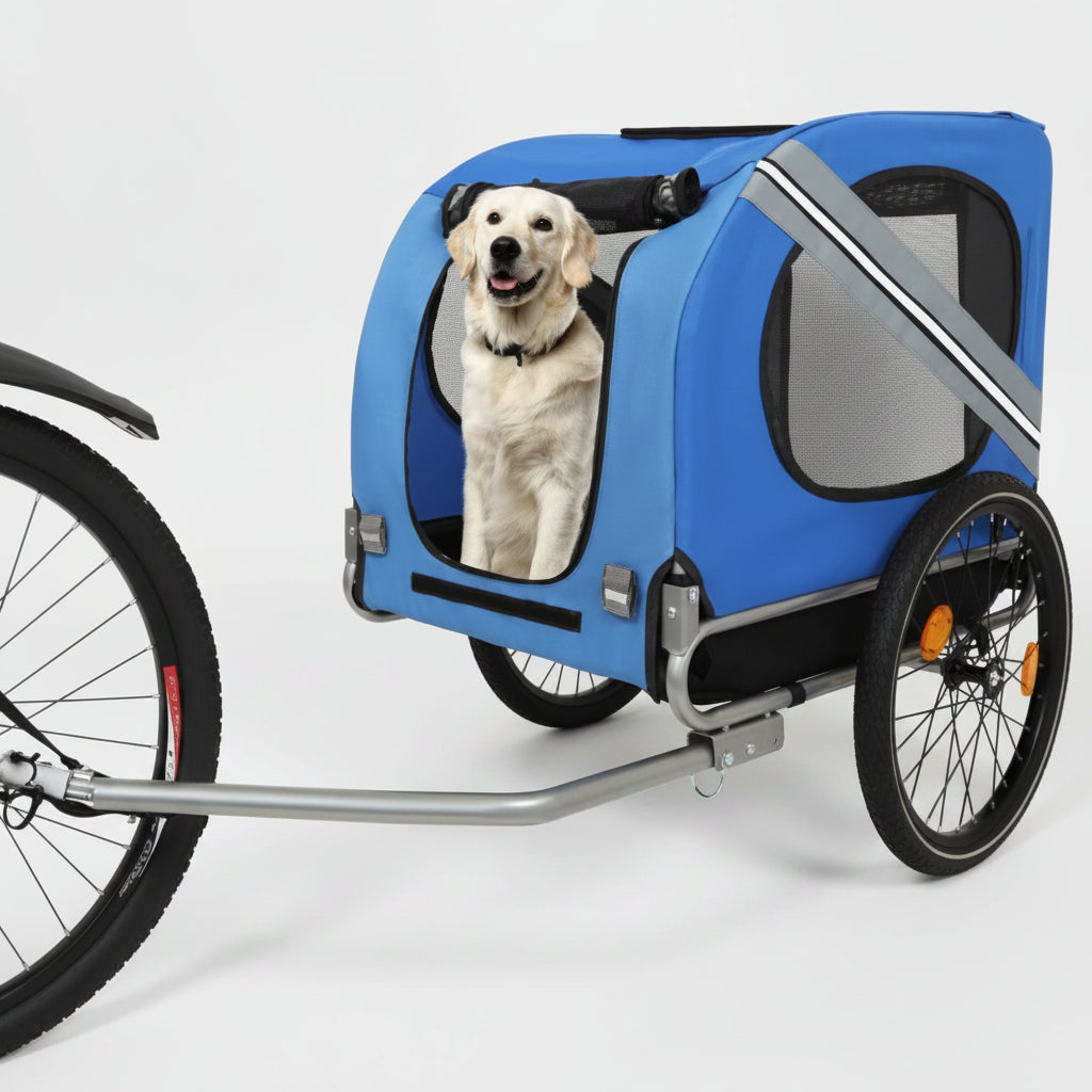 Blue and gray bicycle pet trailer with a dog inside on a white background
