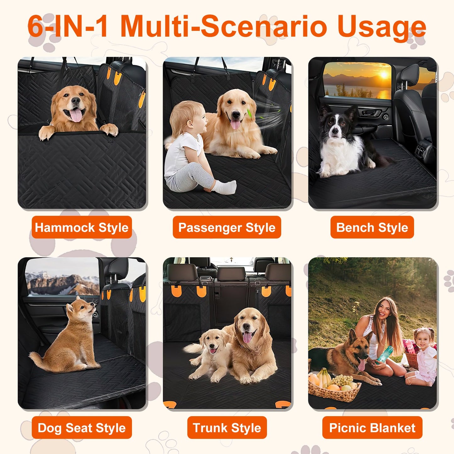 Dog seat cover with multiple usage scenarios including hammock, passenger, bench, dog seat, trunk, and picnic blanket styles.