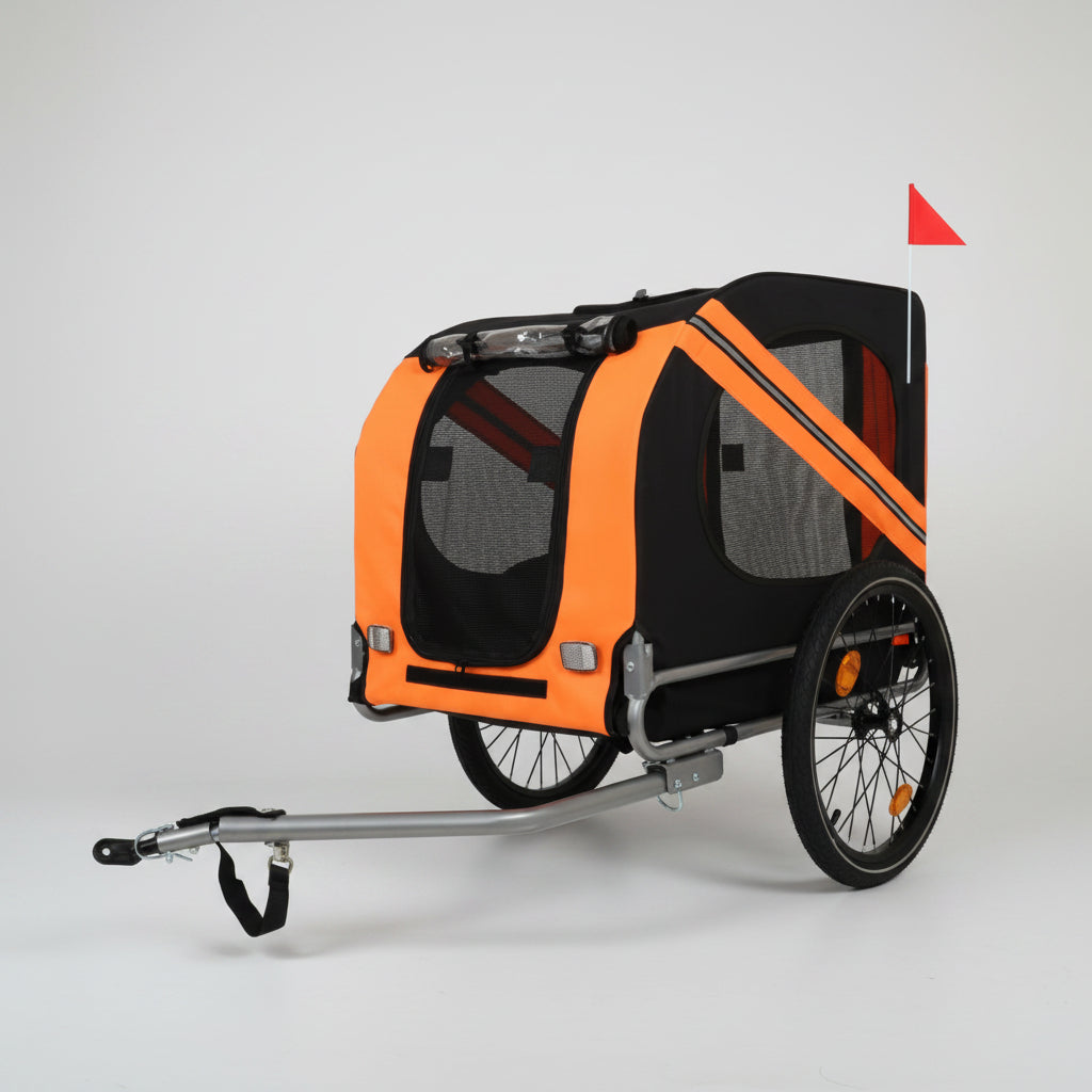 Orange and black bicycle pet trailer on a white background
