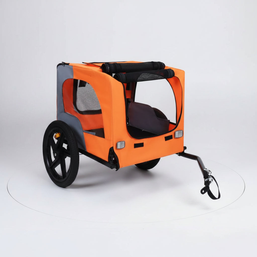 Orange and gray pet bike trailer on a white background