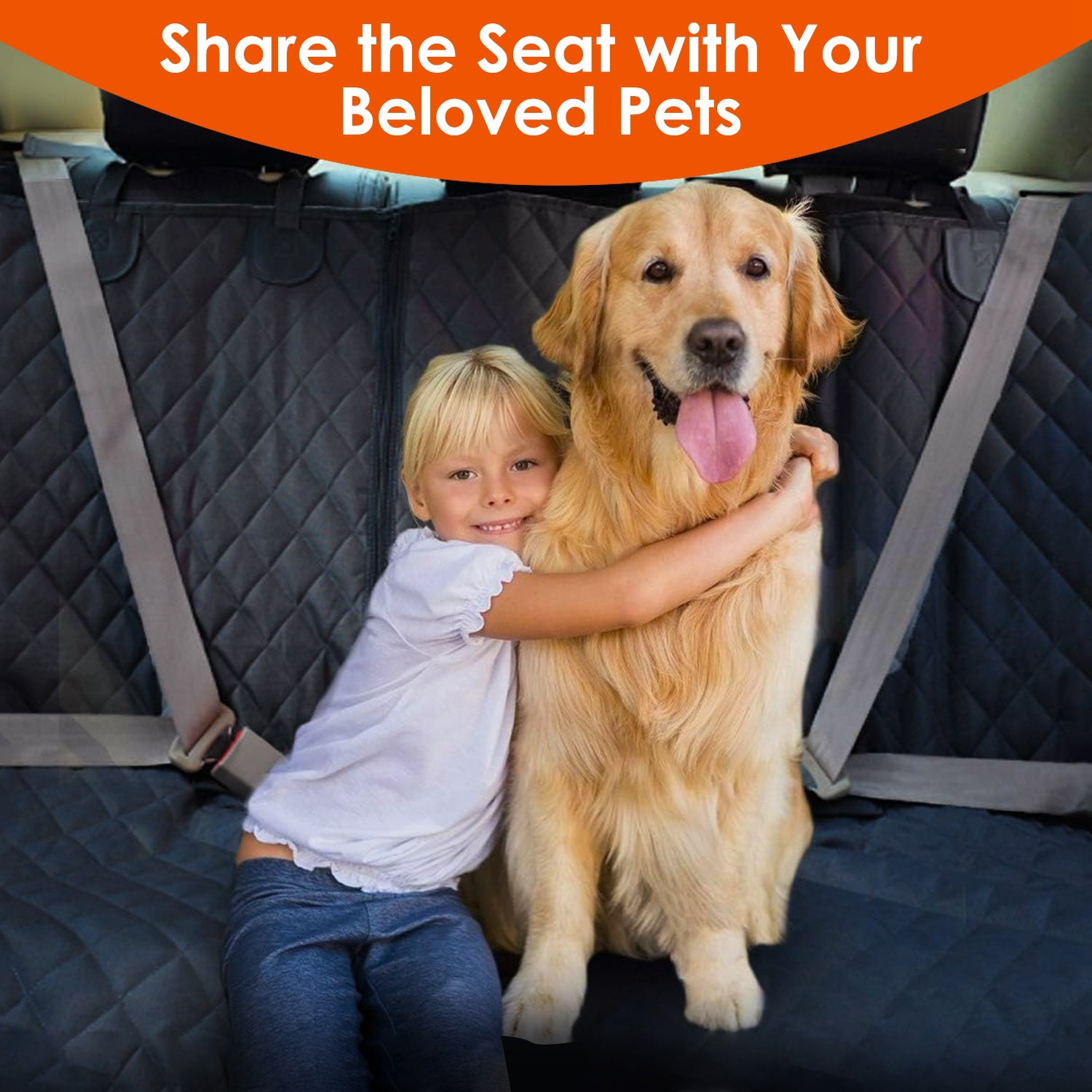 Child and dog sitting on a car seat with a car seat cover, text 'Share the Seat with Your Beloved Pets' at the top.
