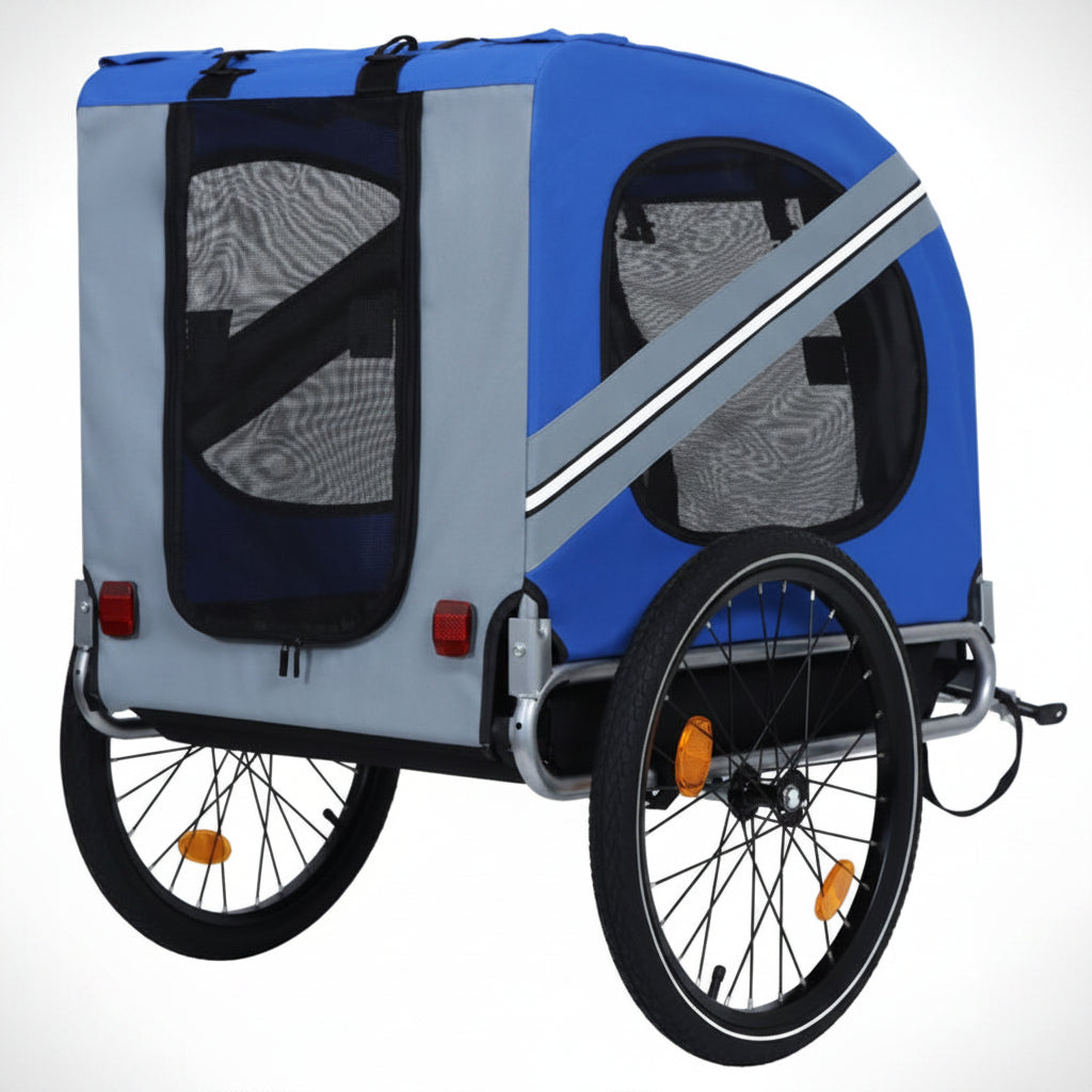 Blue and gray pet bike trailer with wheels on a white background