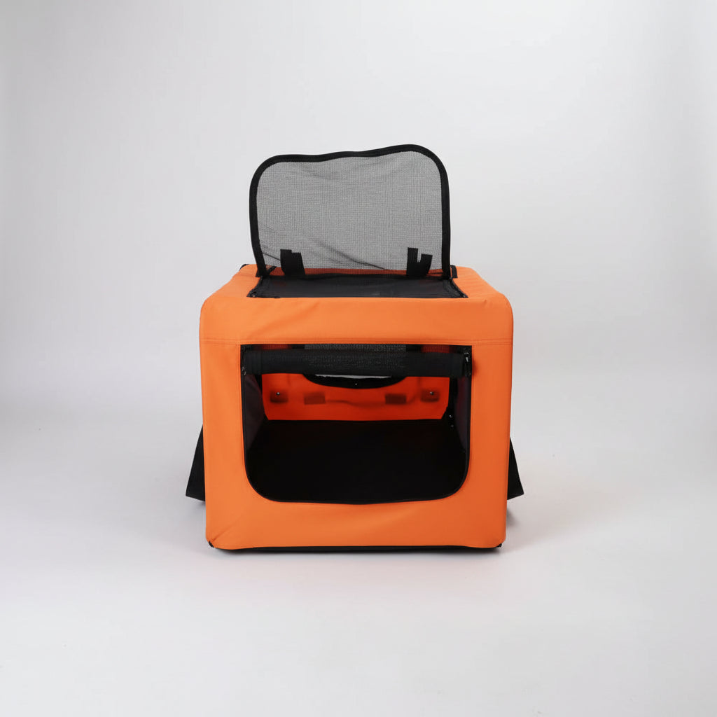 Close-up of an orange and black lawn mower seat with a mesh backrest on a white background