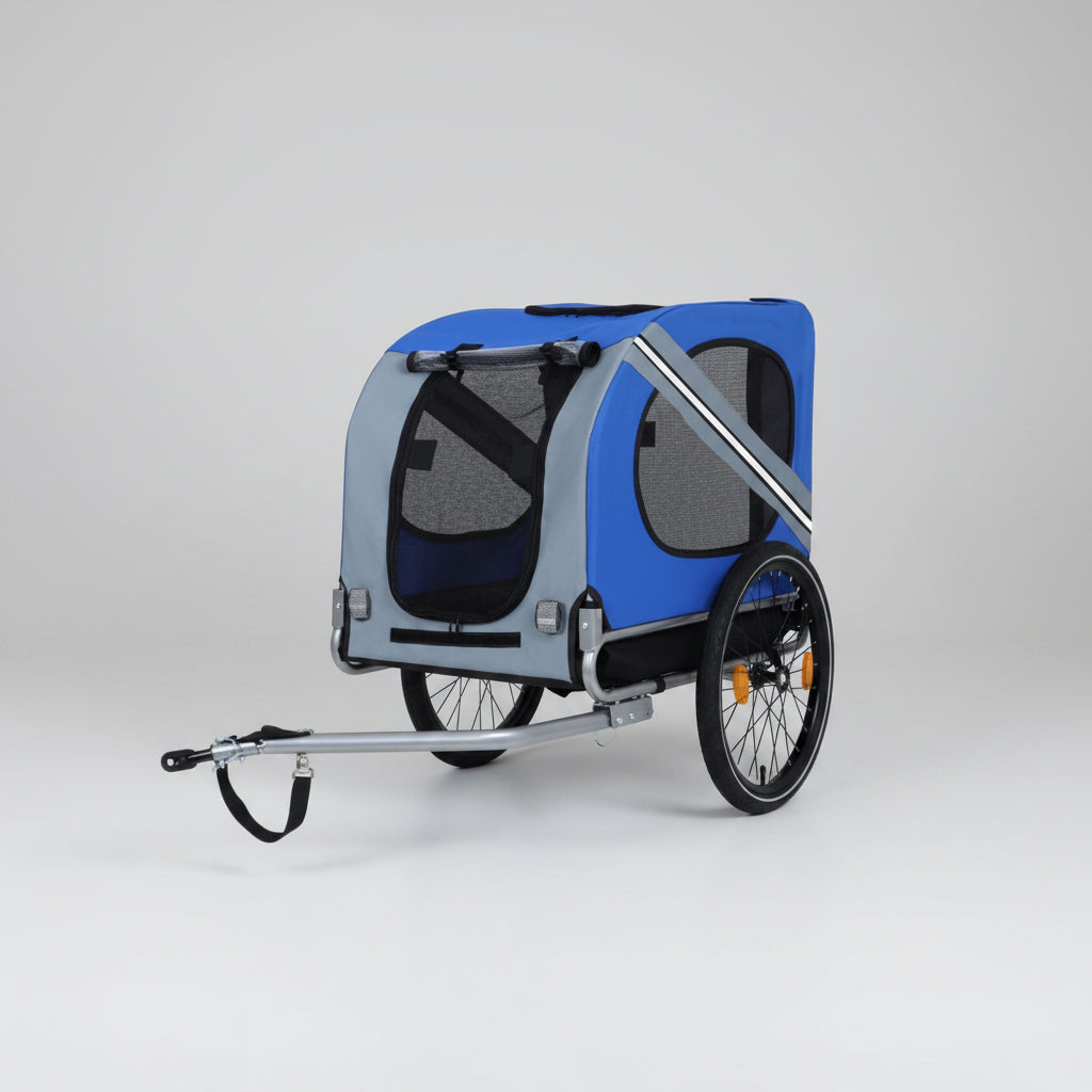 Blue and gray pet bike trailer on a white background