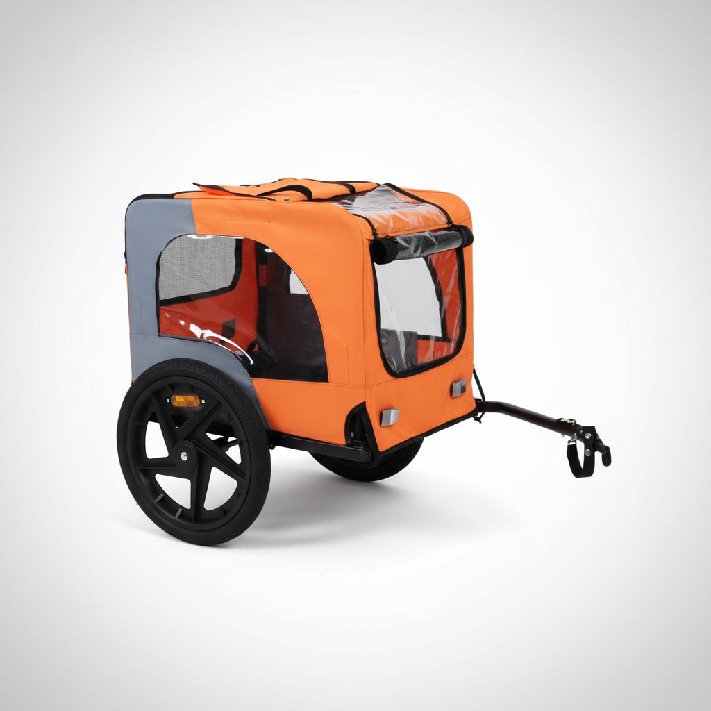 Orange and gray pet stroller with wheels on a white background