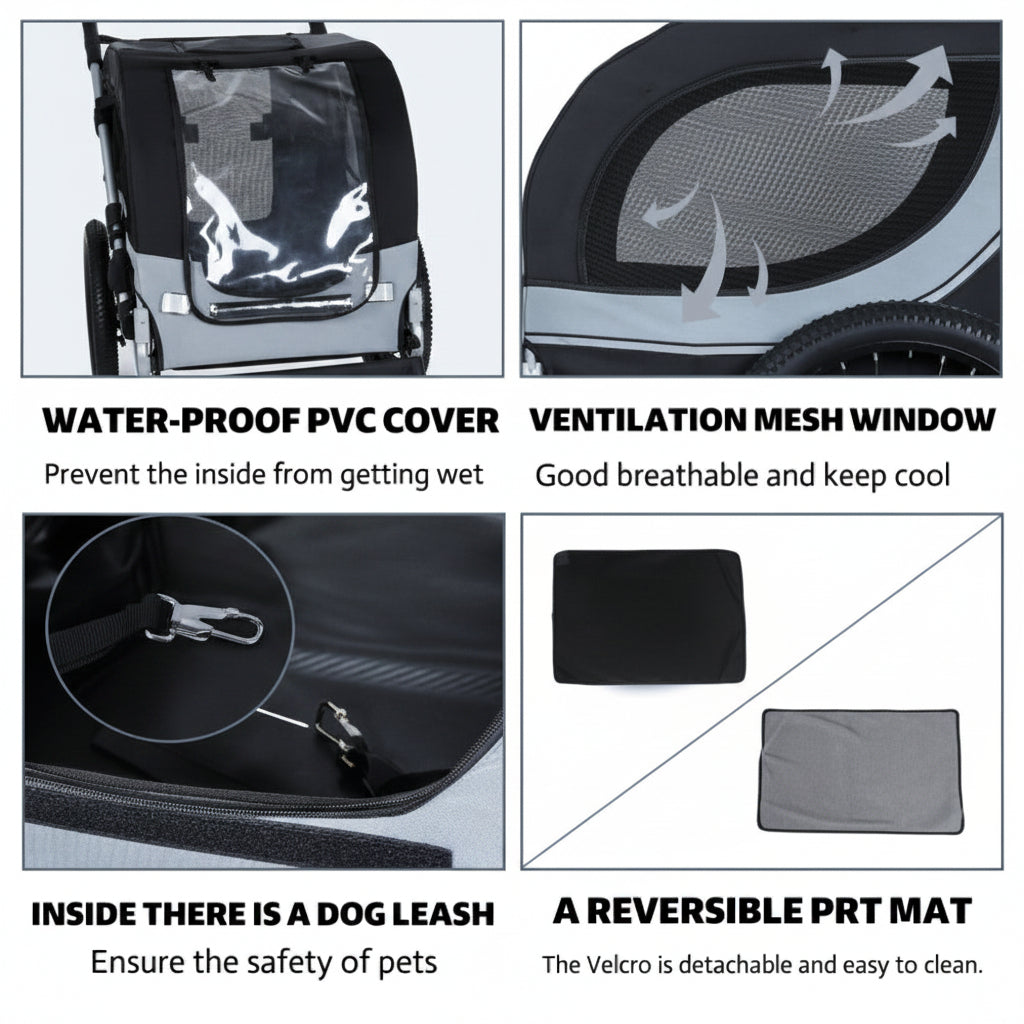 Product features of a pet carrier with waterproof cover, ventilation mesh window, dog leash, and reversible mat.