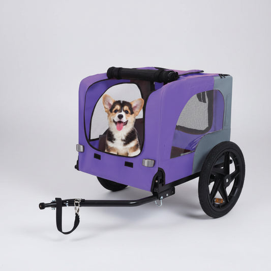 Purple pet stroller with a dog inside on a white background