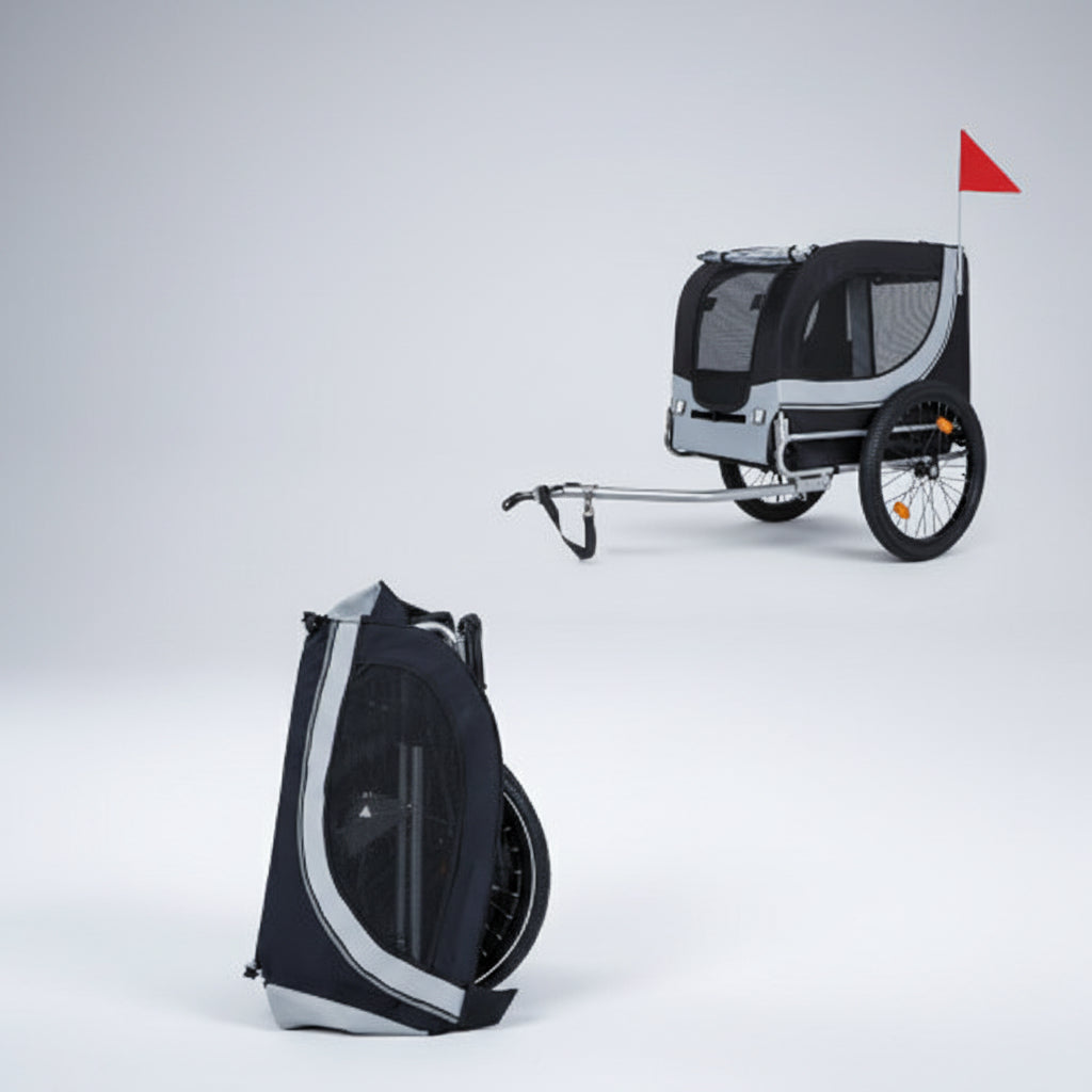Collapsible and portable pet stroller with text indicating it can be folded quickly and is convenient for storage and travel.