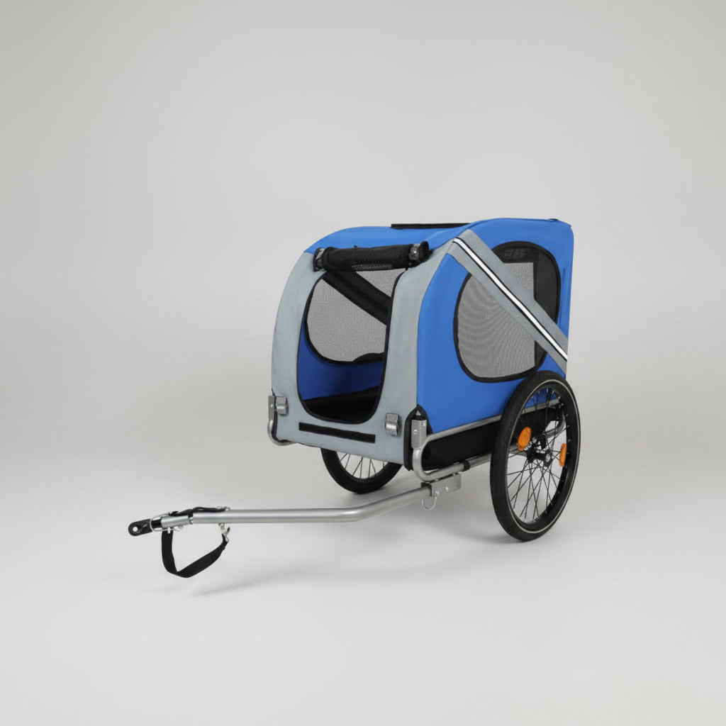 Blue and gray pet bike trailer on a white background