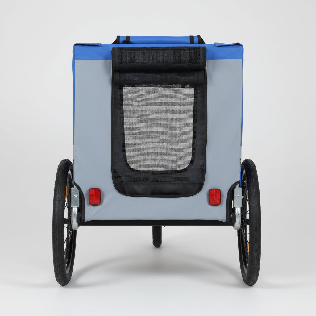 Pet stroller with blue and gray design on a white background