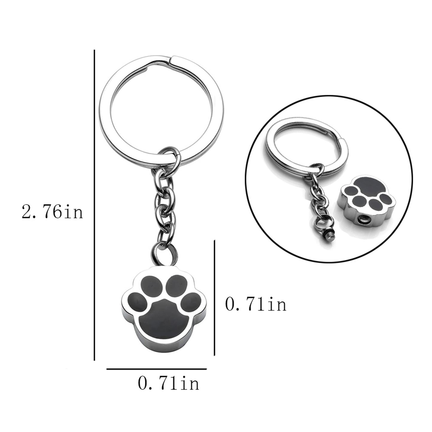 Metal keychain with paw print design and measurements on a white background