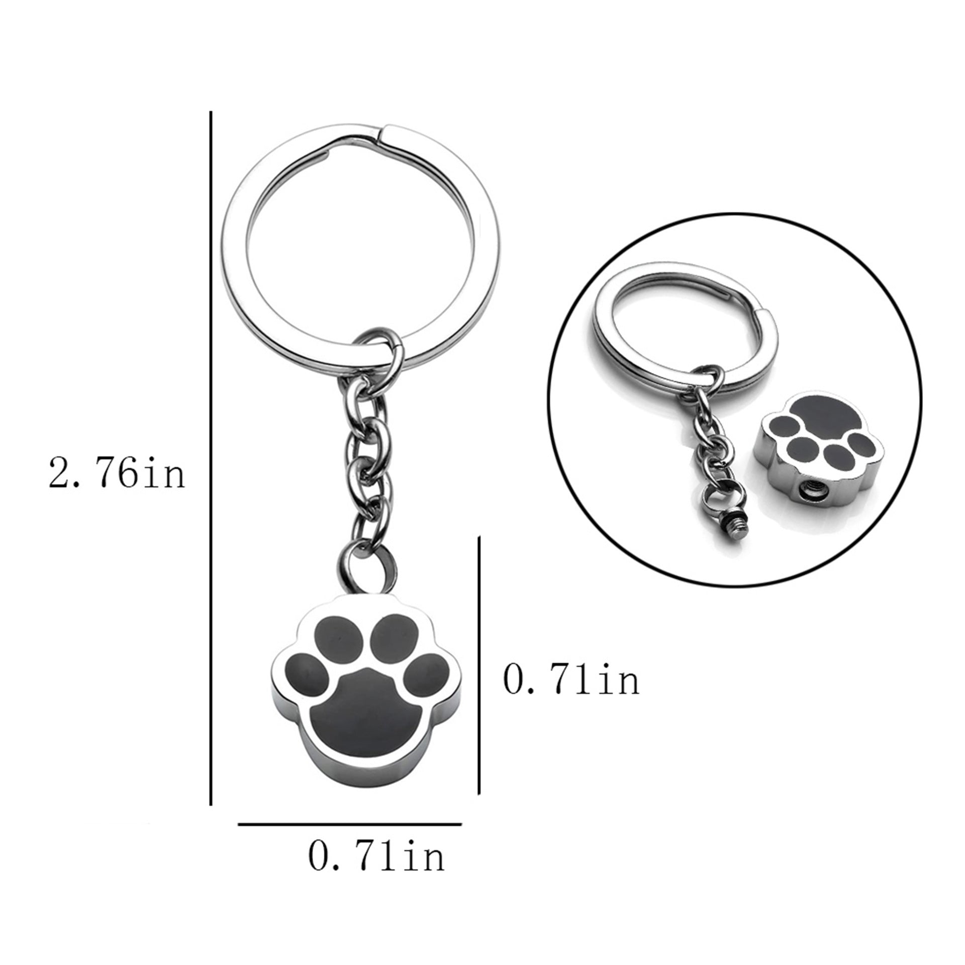 Metal keychain with paw print design and measurements on a white background