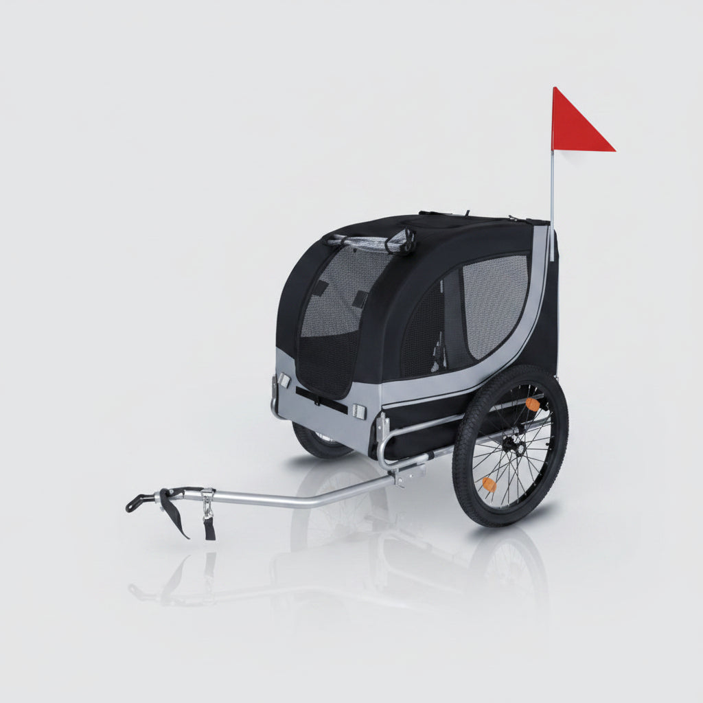 Pet bike trailer with features highlighted on a white background