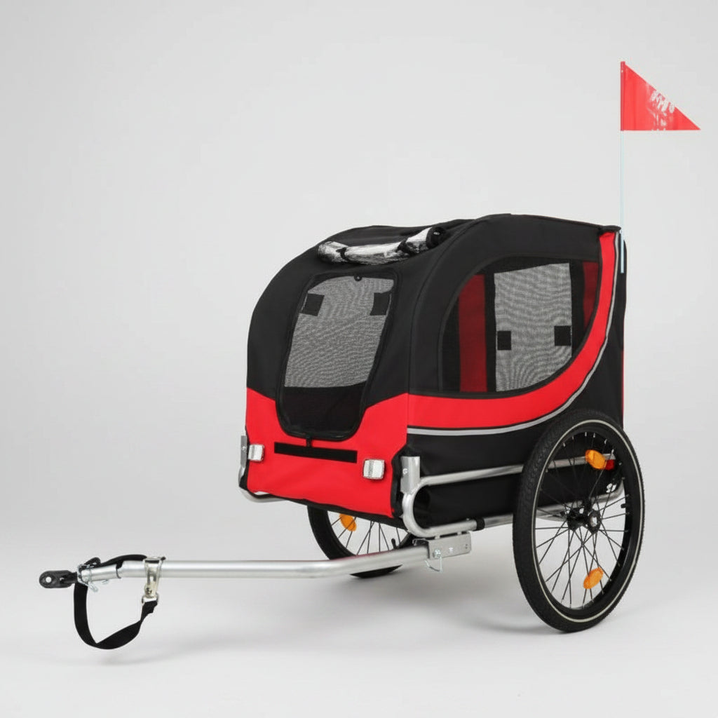 Red and black pet bike trailer with a flag on a white background