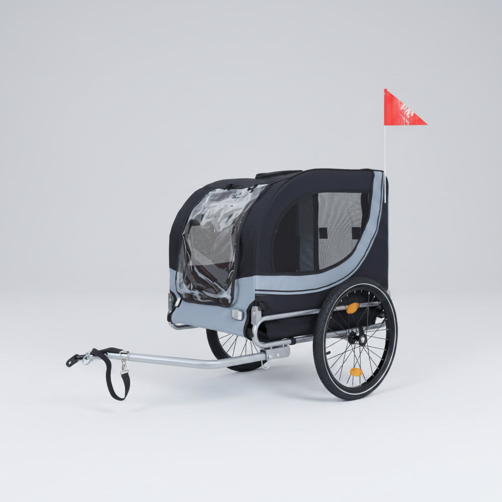 Pet bike trailer with a transparent cover on a white background