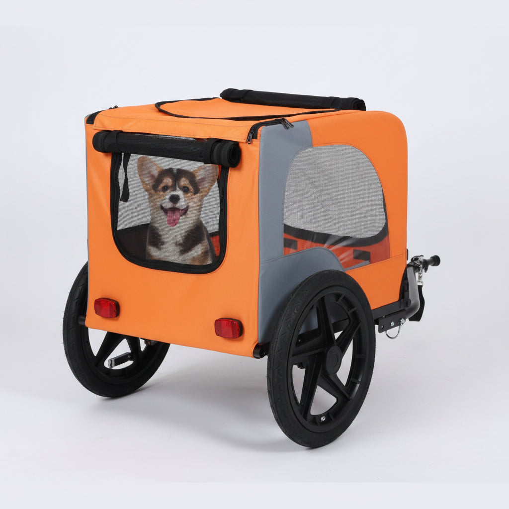 Orange and gray pet stroller with a dog inside on a white background