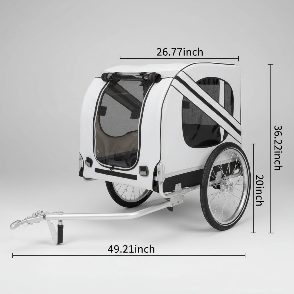 Measurement chart of a bicycle trailer with dimensions labeled.