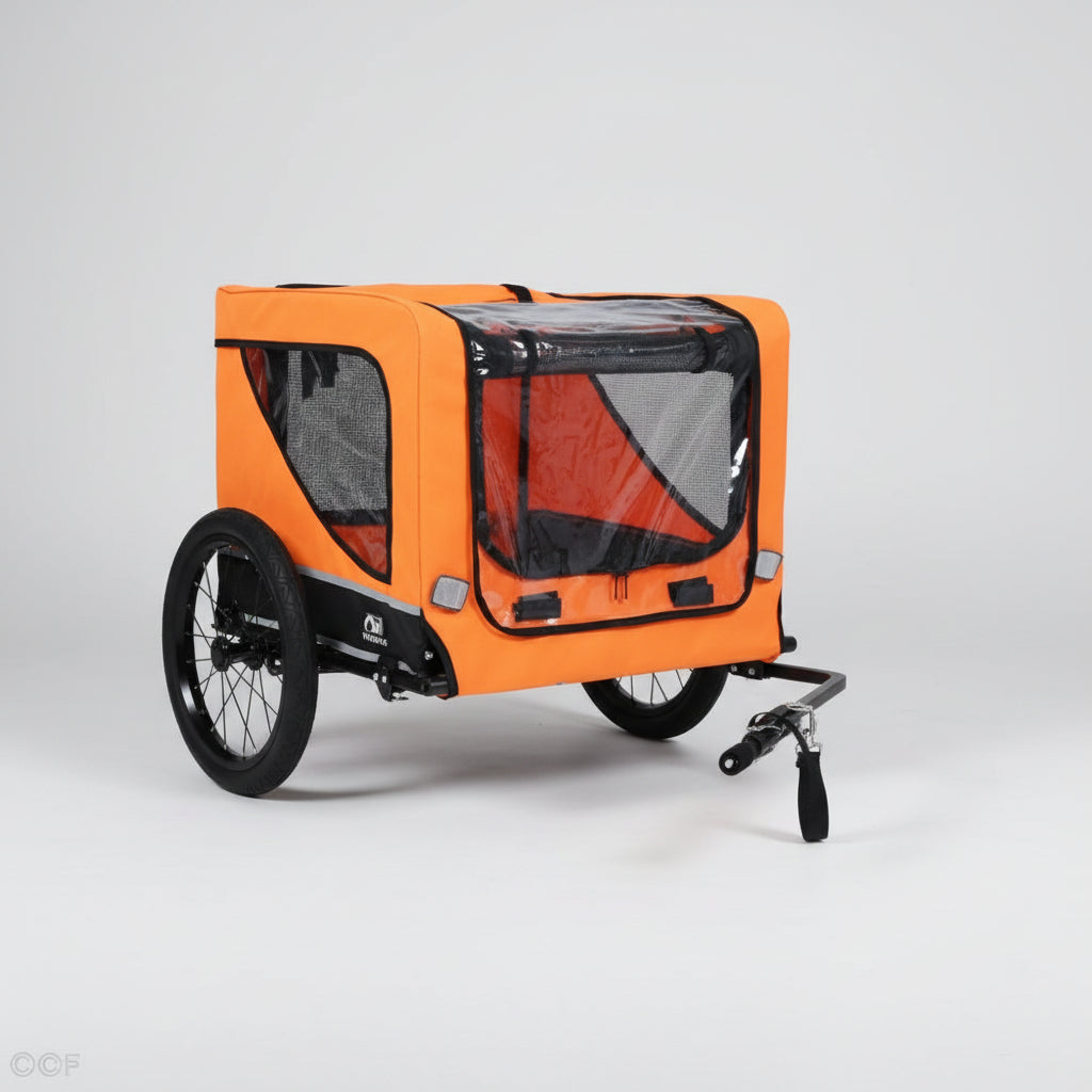 Orange pet stroller with transparent front section on a white background
