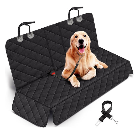Black car seat cover with a dog sitting on it, on a white background