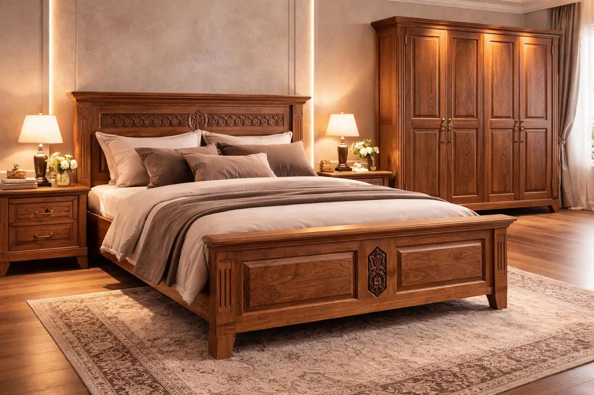 Solid Wood Bed Frame, Rustic Farmhouse Bed, Traditional Wooden Bed Frame, Vintage Bedroom Furniture, Handmade Wood Platform Bed